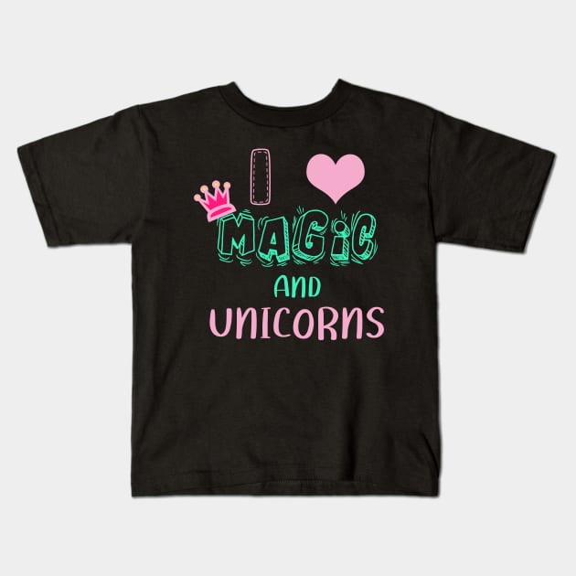 Magic and Unicorns Kids T-Shirt by Imutobi